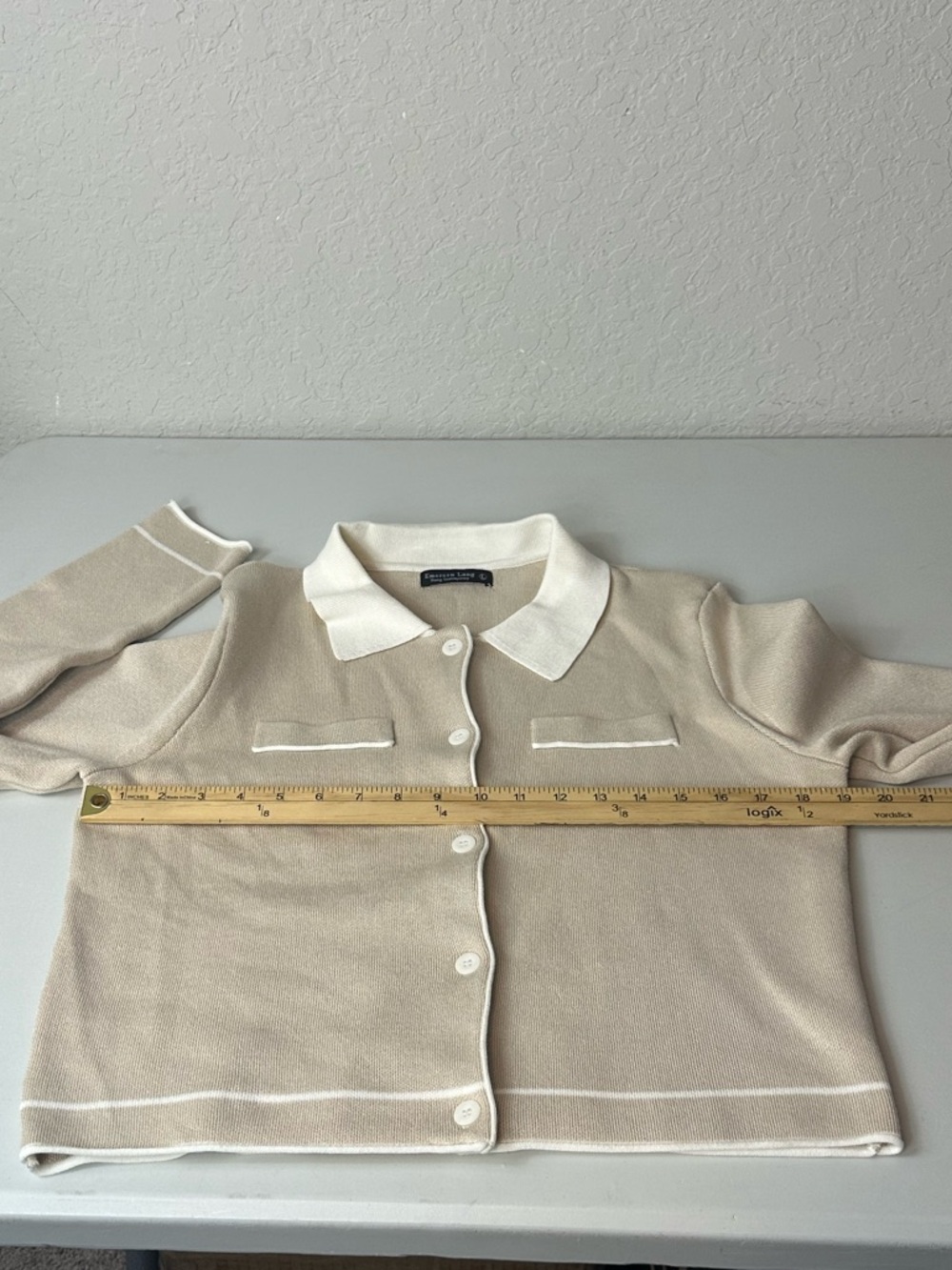 Emerson Lang Young Contemporary Classic Polo Beige Cardigan Sweater Size Large - Picture 7 of 11